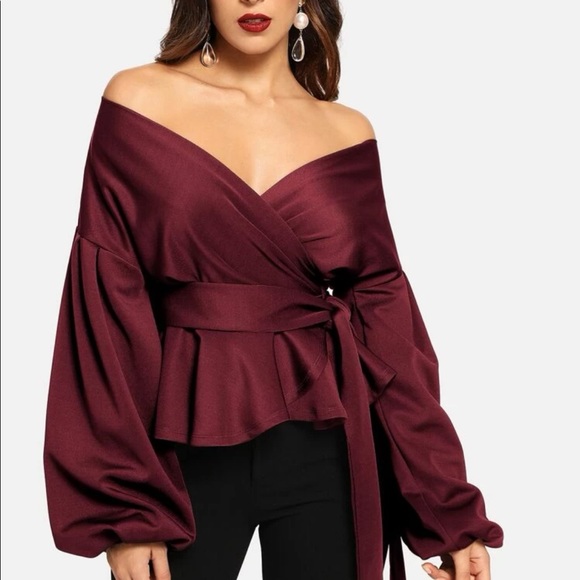 Luxe Off Shoulder Peplum Self Tie Wrap Top Blouse Shirt - Picture 5 of 12